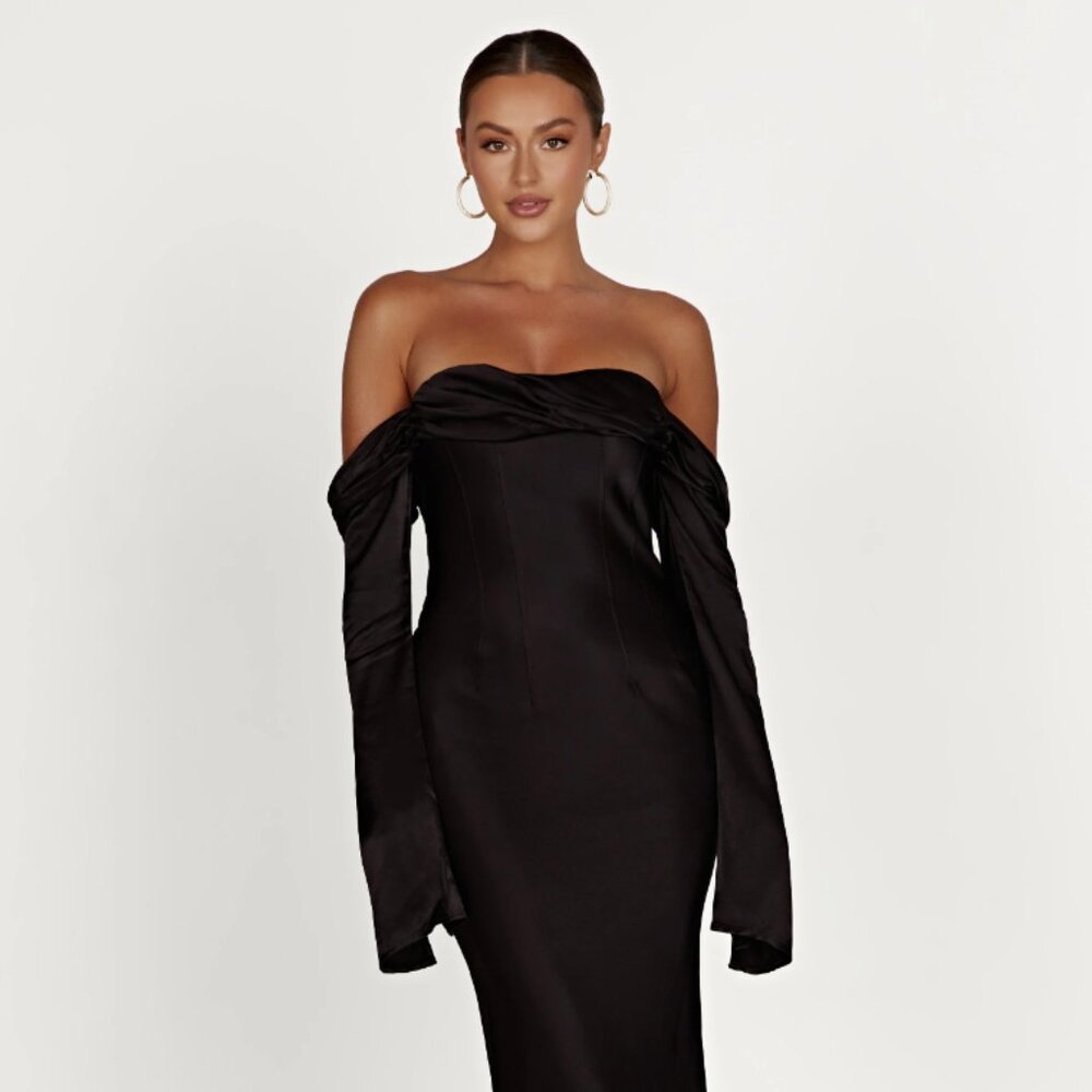 MESHKI Giselle Off Shoulder Cowl Neck Maxi Dress - Black